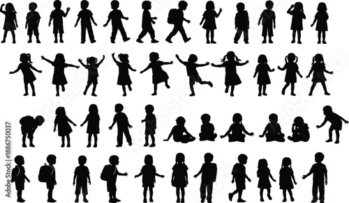 Children silhouettes collection showing boys and girls playing walking sitting poses, childhood activities, black vector illustration isolated white background design