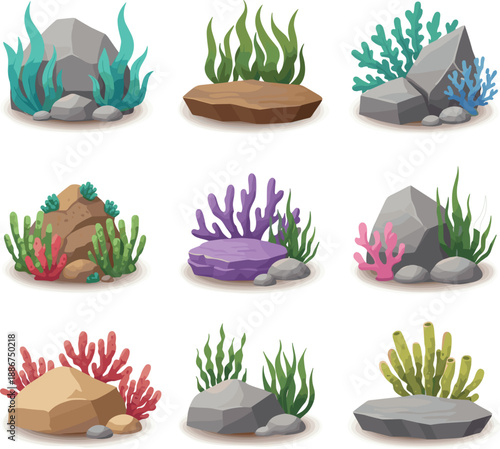 Underwater seaweed coral and rock vector set with marine plants ocean floor elements isolated