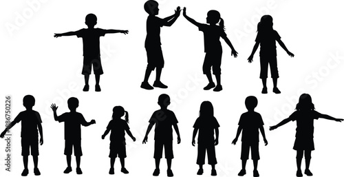 Children silhouettes collection showing kids standing playing and high five gestures, childhood activity poses, black vector illustration isolated white background