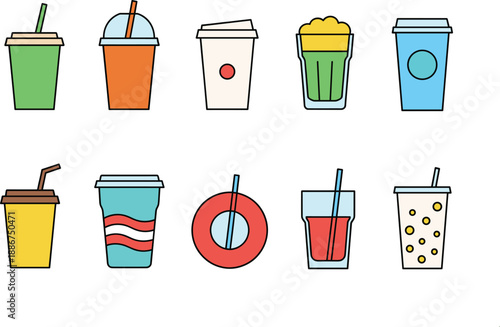 Takeaway beverage icon set with coffee cups iced tea smoothies bubble tea soda and fruit juice with straws.