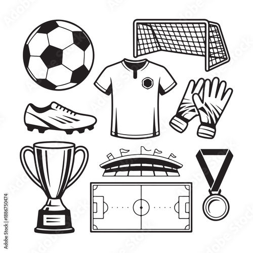 Complete Soccer Vector Illustration Set – Ball, Goal, Jersey, Boots, Trophy & Stadium