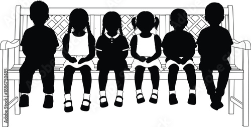Children sitting on bench silhouettes, kids group waiting together, childhood friendship school concept isolated on white background illustration design