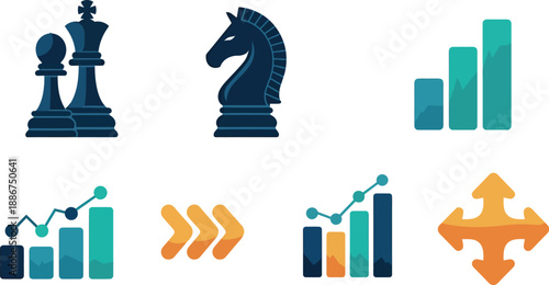 Various dark blue chess pieces and simple bar graphs illustrate strategic thinking and financial performance tracking.