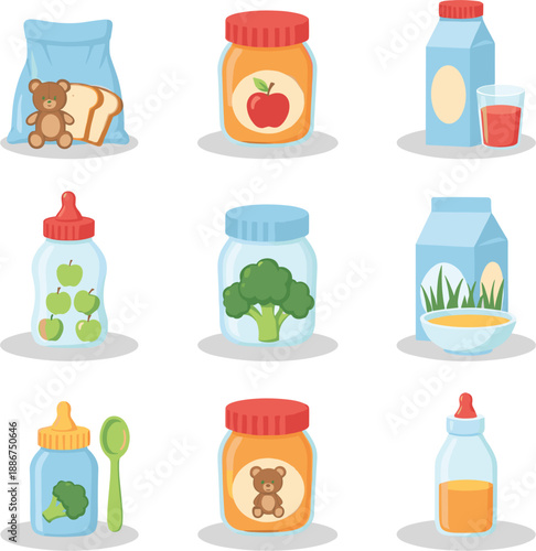 Baby food and milk jar vector set with infant nutrition bottles containers and feeding items isolated