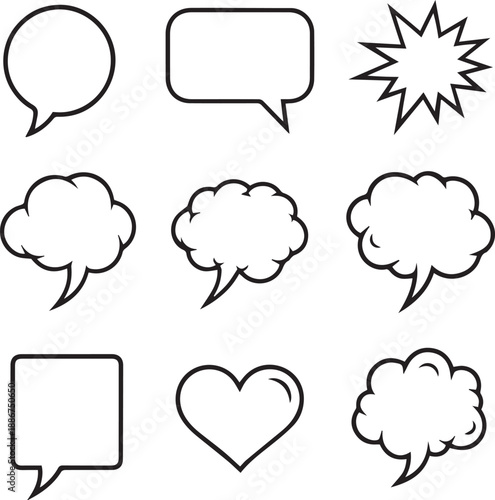Set of Simple Line Art Speech Bubbles and Thought Clouds – Black and White Vector Icons