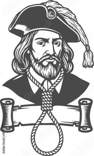 Vintage Pirate Figure with Noose and Scroll Emblem man in a hat with a sword