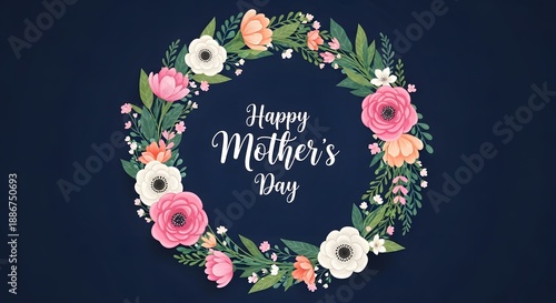 Happy mother's day wishes with beautiful floral wreath and greeting card