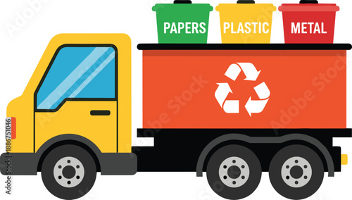 Recycling truck illustration with waste sorting bins, paper plastic metal containers, eco friendly garbage collection, sustainability concept, white background, vector