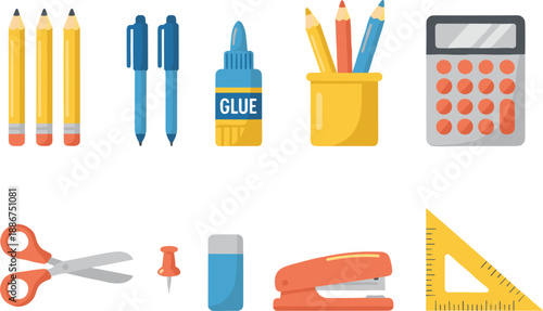Back to school stationery set with pencils pens glue calculator scissors stapler eraser and geometric triangle ruler.