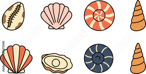 Decorative sea shell icon set featuring scallops oyster with pearl spiral shells and marine life for coastal designs.