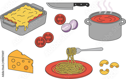 Italian pasta cooking icon set with lasagna spaghetti tomato sauce cheese macaroni and chef knife for Mediterranean kitchen recipes.