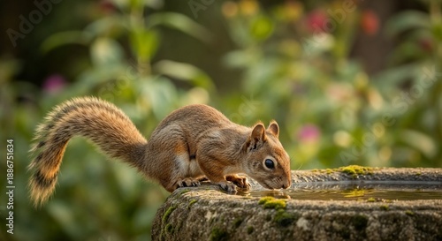 Squirrel drinking water from stone fountain in garden setting  