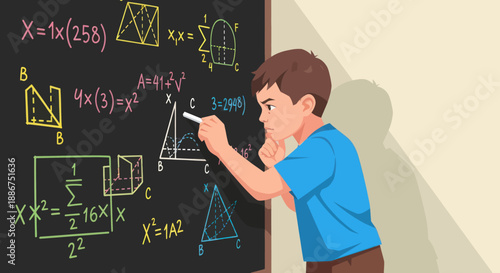 Young boy solving complex math equations on a blackboard.