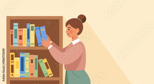 Woman selecting a book from a bookshelf.