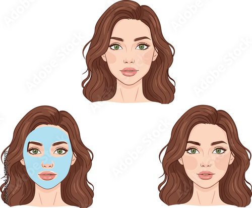 Woman face skincare routine illustration, before during after facial mask treatment, beauty care process, cosmetic skin therapy, vector, dermatology concept