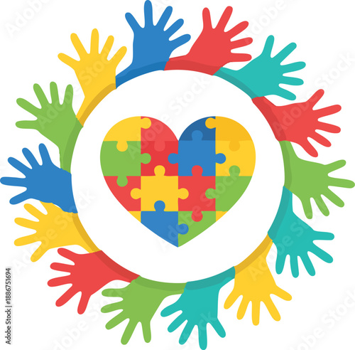 Autism awareness puzzle heart with helping hands illustration