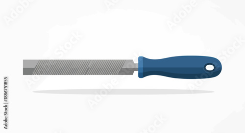 Flat metal file tool with blue handle on a white background.