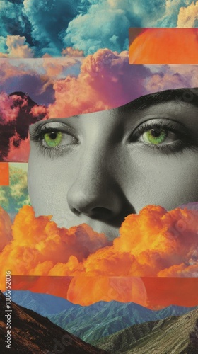 A woman stands with a serious expression as colorful clouds surround her face. The scene mixes nature with human features in a vivid way. It shows an artistic vision of connection