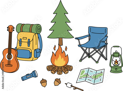 Outdoor campfire forest campsite set with pine tree folding chair guitar backpack lantern and marshmallows for summer camping.