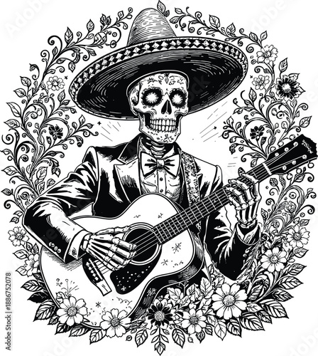 Intricate black and white illustration of a skeleton mariachi playing guitar surrounded by a floral wreath for Day of the Dead.