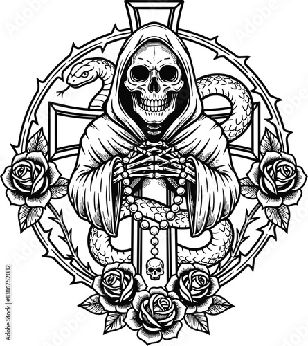 Intricate black and white tattoo style illustration of a hooded grim reaper skull praying with a rosary in front of a cross surrounded by a snake and roses flat vector.