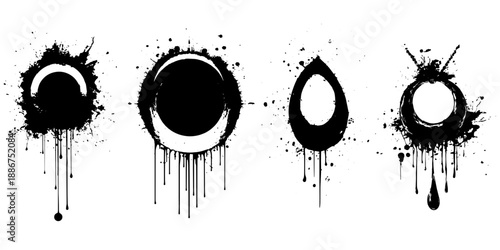 Abstract Grunge Circle Set With Ink Splashes, Black and White