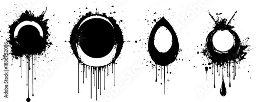 Abstract Grunge Circle Set With Ink Splashes, Black and White