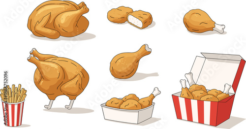 Fried chicken fast food vector set with crispy drumsticks whole pieces and takeaway packaging isolated