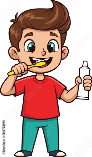 Child brushing teeth cartoon, editable vector clipart, dental hygiene mascot, red shirt, smiling character, toothbrush, toothpaste, health, clean