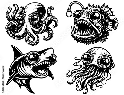 Scary Deep Sea Creatures Set in Engraving Style, Black and White Marine Monsters Illustration for Prints