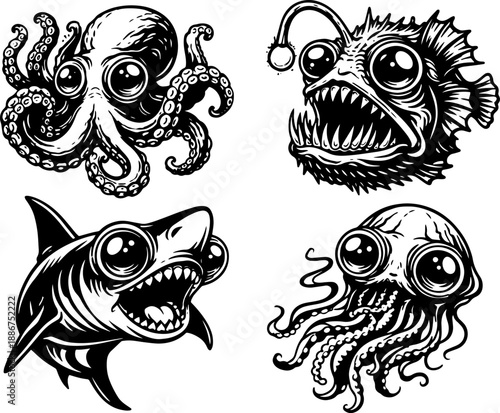 Scary Deep Sea Creatures Set in Engraving Style, Black and White Marine Monsters Illustration for Prints