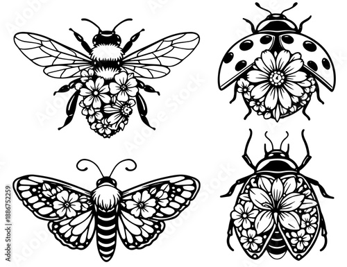 Floral Insects Line Art Set for Cricut Cutting, Bee Ladybug Butterfly and Beetle Black and White Vector Cut File