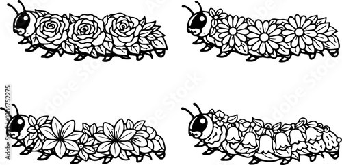 Floral Caterpillar Line Art Set, Flower Caterpillars Black and White Vector Cut File for Cricut Crafts and Botanical Design