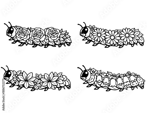Floral Caterpillar Line Art Set, Flower Caterpillars Black and White Vector Cut File for Cricut Crafts and Botanical Design