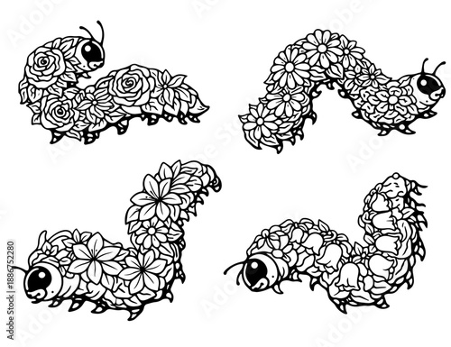 Floral Caterpillar Set Made of Flowers, Black and White Botanical Insect Line Art for Cricut Cutting and Decorative Crafts