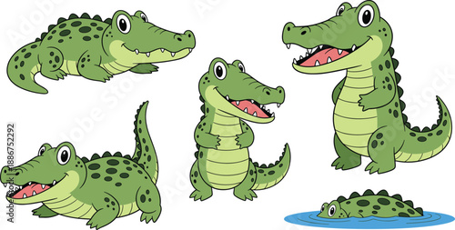 Crocodile cartoon set, editable vector clipart, green reptile mascot, playful poses, smiling character, wildlife, children’s illustration