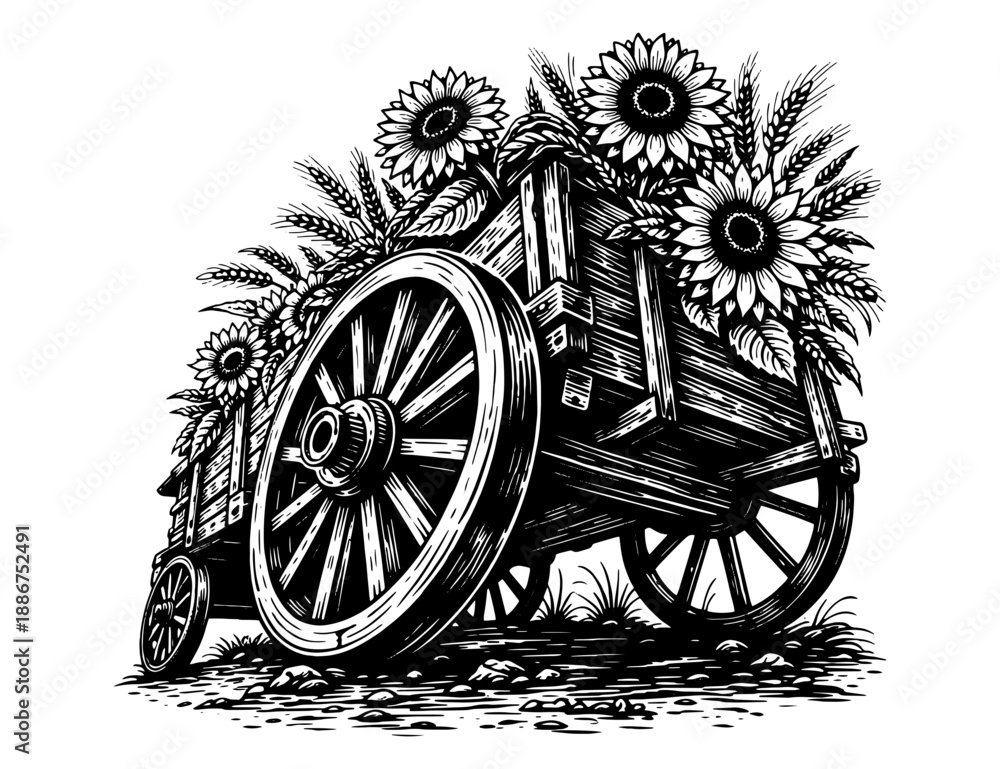 Fototapeta premium Vintage Wooden Cart With Sunflowers and Birds, Black and White Engraving Style Rural Illustration for Prints, Decor and Engraving