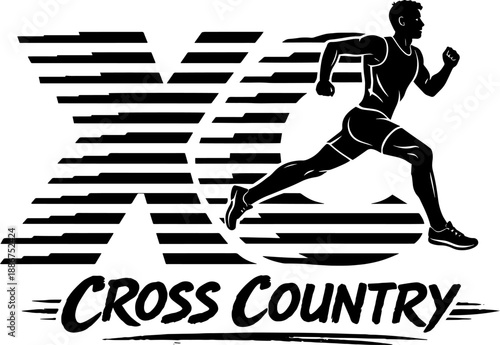 Cross Country Running Logo With Athlete Silhouette and Speed Lines, Black and White Track and Field Emblem for Teams and Apparel
