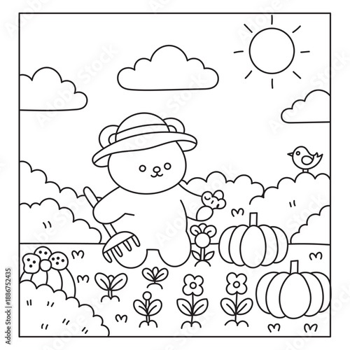 Obraz na plátně Cute Bear Gardening with Flowers and Pumpkins – Kawaii Line Art Coloring Page Il