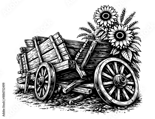 Wallpaper Mural Old Wooden Farm Cart With Sunflowers, Black and White Engraving Style Rustic Rural Illustration for Prints, Posters and Home Decor Torontodigital.ca