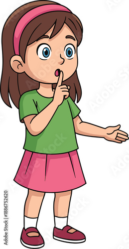 Girl cartoon character, editable vector clipart, pink skirt, shh gesture, secret pose, expressive face, child, educational, playful