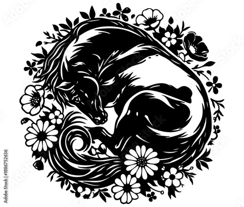 Black and white vector illustration of sleeping cow curled in a circle with flowers, engraving xerography style line art for cutting and decor.