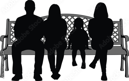 Family sitting on park bench silhouettes, parents children together waiting, bonding relationship concept isolated on white background illustration vector design