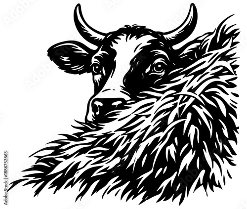 Black and white vector illustration of cow head peeking from grass, engraving xerography style, clean line art for cutting and decor.
