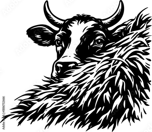 Black and white vector illustration of cow head peeking from grass, engraving xerography style, clean line art for cutting and decor.