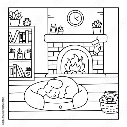 Cute Dog Sleeping by Fireplace in Cozy Living Room – Kawaii Line Art Coloring Page Illustration