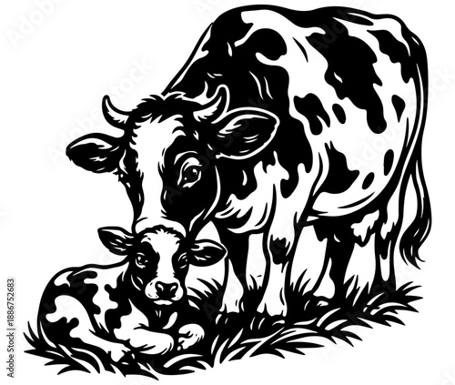 Mother Cow With Calf, Black and White Illustration