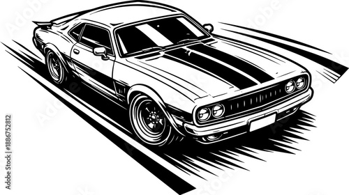 Classic Muscle Car Drifting Side View, Black and White Illustration dynamic art for prints and engraving.