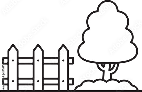 Simple Fence Line and Tree Icon Outdoor Landscape Boundary Symbol