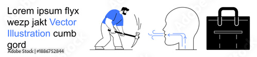 Mining, manual labor, breath health, work-life balance, professionalism, business tools. Seen are a worker with a pickaxe, a head with airflow and a briefcase. Mining and breath health concepts